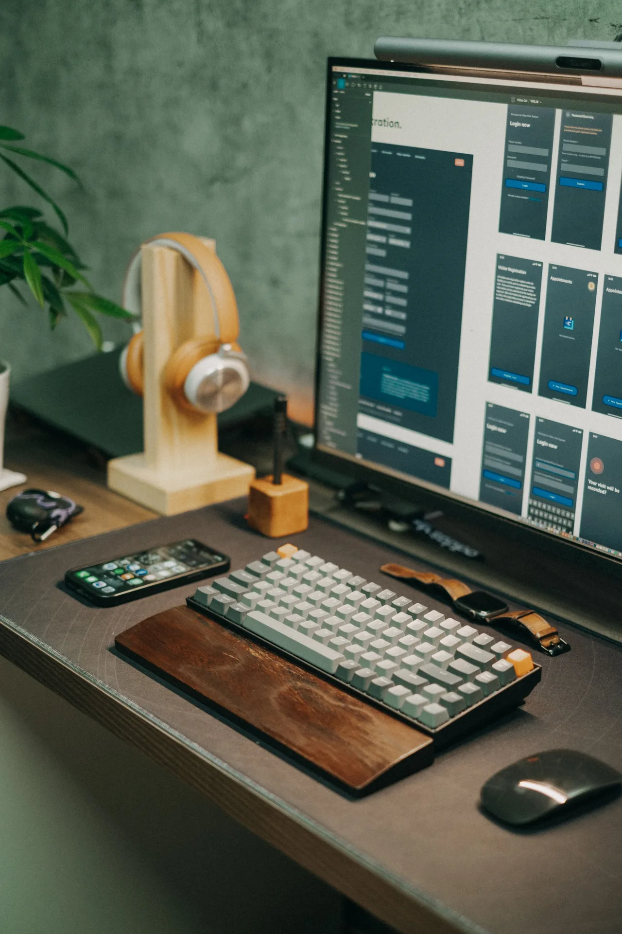 A workspace with keyboard, mouse, monitor and headphones
