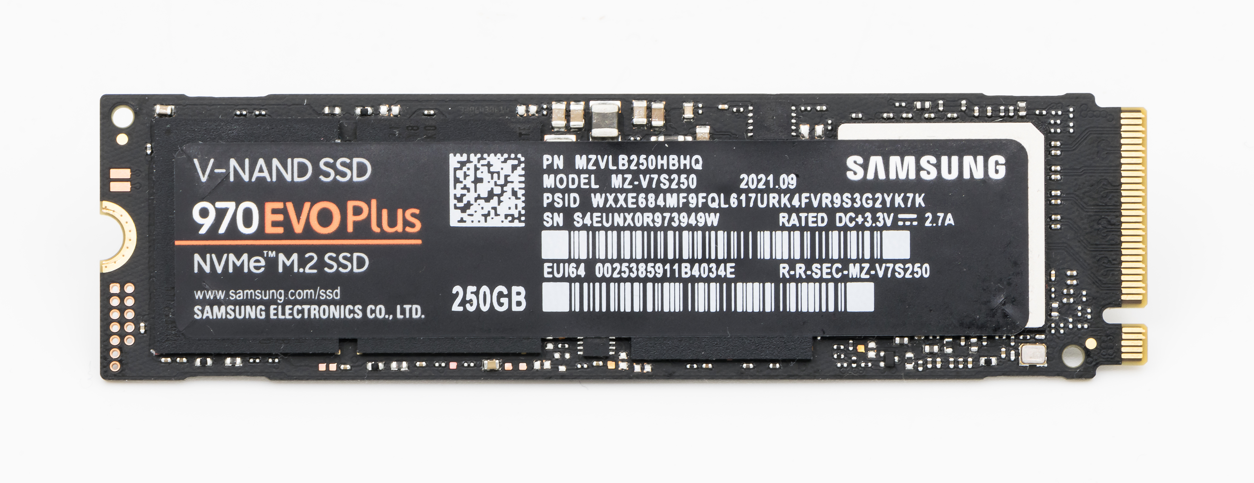 Authentic Samsung 970 EVO Plus 250GB bare NVMe SSD front with readable model and capacity label