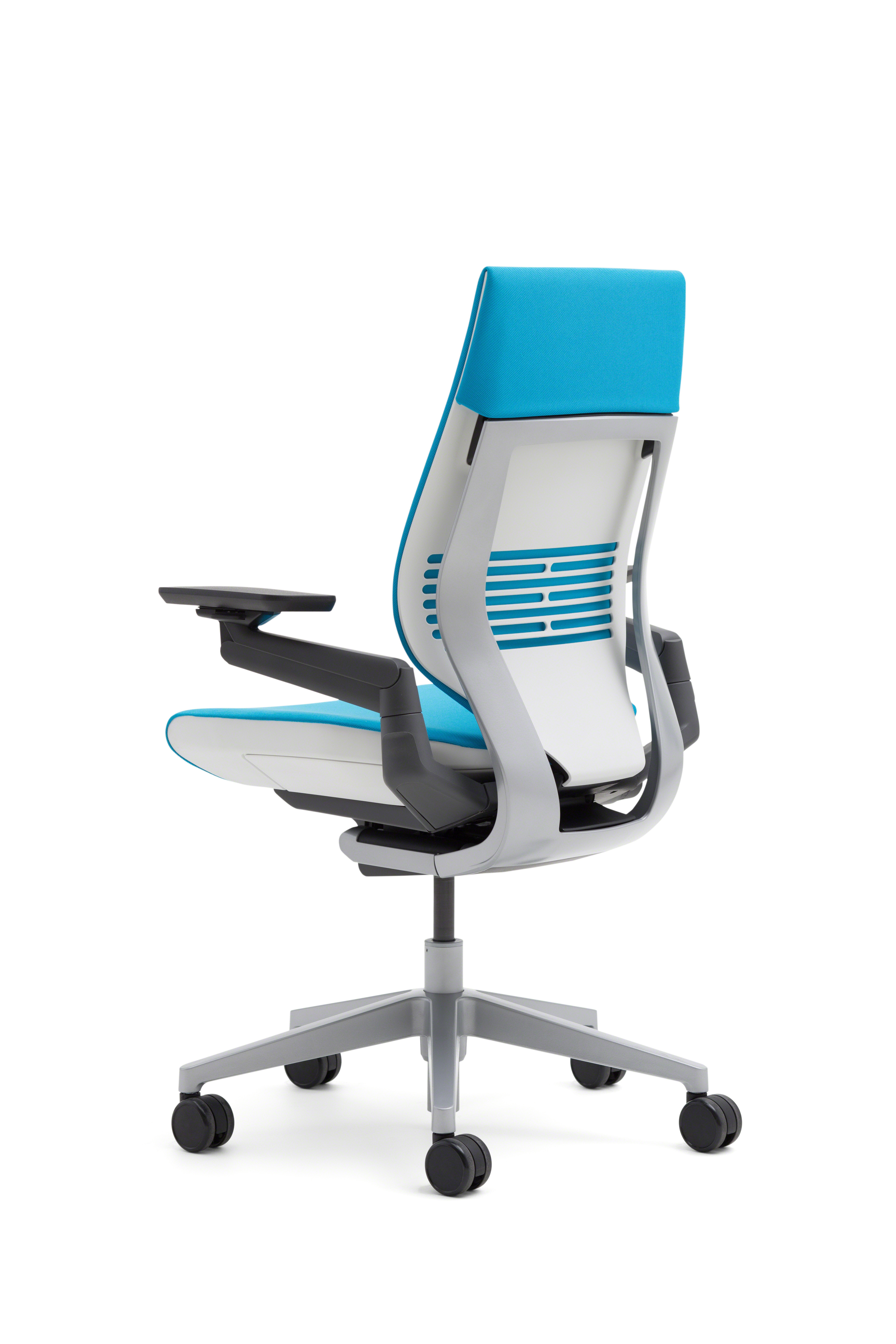 Steelcase Gesture wrapped-back chair in Blue Jay fabric with light Platinum and Seagull finishes